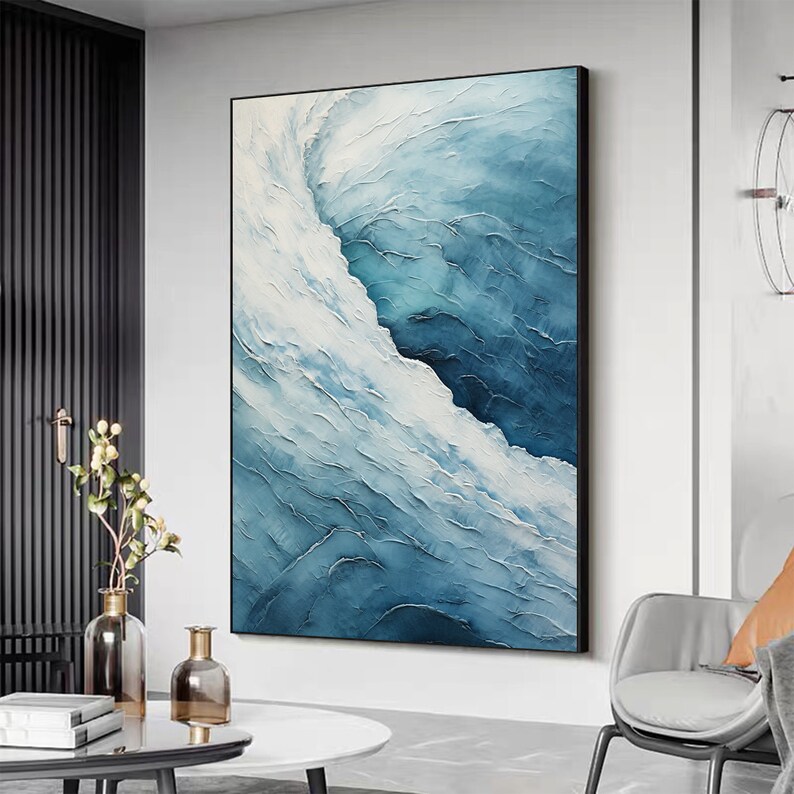 Original Ocean Wave Oil Painting On Canvas, Large Wall Art Abstract Calm Sea Wall Art Blue Decor, Custom Painting Minimalist Art Home Decor