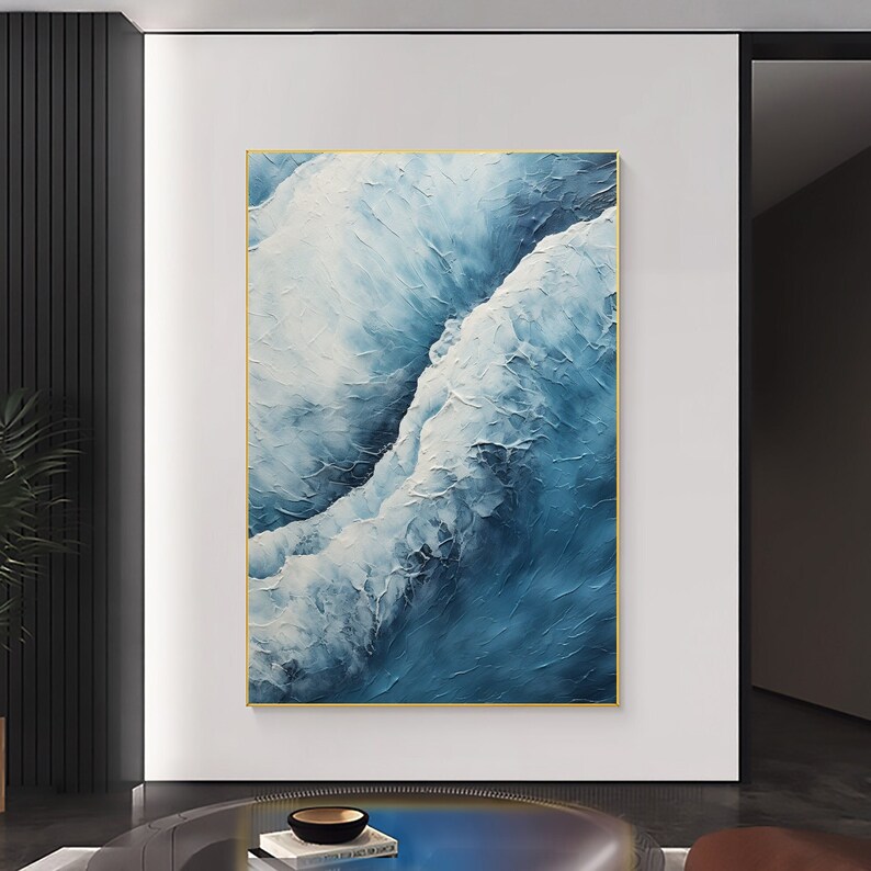 Abstract Ocean Wave Oil Painting On Canvas, Large Wall Art Original Sea Wall Art Blue Decor, Custom Painting Minimalist Living Room Decor