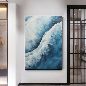 Abstract Ocean Wave Oil Painting On Canvas, Large Wall Art Original Sea Wall Art Blue Decor, Custom Painting Minimalist Living Room Decor