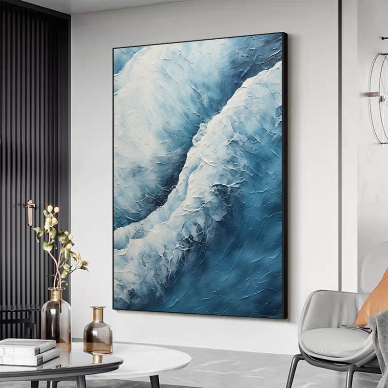 Abstract Ocean Wave Oil Painting On Canvas, Large Wall Art Original Sea Wall Art Blue Decor, Custom Painting Minimalist Living Room Decor