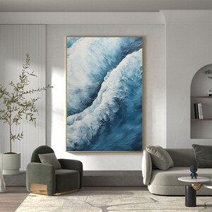 Abstract Ocean Wave Oil Painting On Canvas, Large Wall Art Original Sea Wall Art Blue Decor, Custom Painting Minimalist Living Room Decor