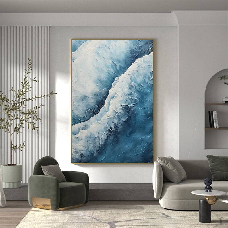 Abstract Ocean Wave Oil Painting On Canvas, Large Wall Art Original Sea Wall Art Blue Decor, Custom Painting Minimalist Living Room Decor