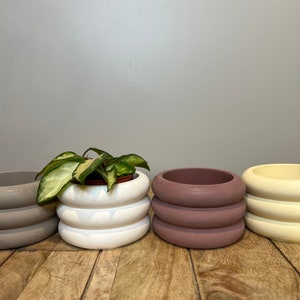 May include: Four stacked concrete planters in different colours: grey, white, pink, and yellow. The white planter has a green plant inside.