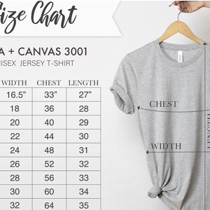 May include: Size chart for Bella + Canvas 3001 unisex jersey t-shirt. The chart shows measurements in inches for width, chest, and length for sizes XS to 5XL.