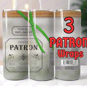 May include: Three silver Patron tequila bottle wraps. The wraps feature the Patron logo, a bee, and the text "Tequila 100% Agave" and "Silver Patron".