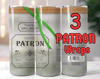 May include: Three silver Patron tequila bottle wraps. The wraps feature the Patron logo, a bee, and the text "Tequila 100% Agave" and "Silver Patron".
