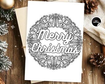 Tarjeta para colorear de Navidad, Tarjeta para colorear de días festivos, Tarjeta para colorear de corona navideña, Tarjeta para colorear de Feliz Navidad, Idea de regalo de Navidad
