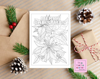 Tarjeta para colorear de Navidad, Tarjeta para colorear de vacaciones, Tarjeta para colorear de flor de Pascua de Navidad, Tarjeta para colorear de Feliz Navidad, Regalo para ella, Regalo para él