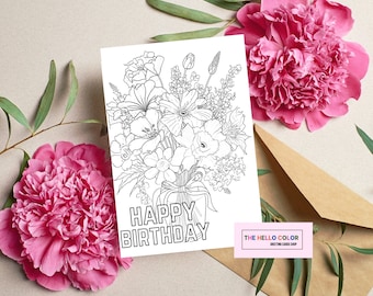 Tarjeta para colorear de feliz cumpleaños, tarjeta para colorear de mandala, tarjeta para colorear de ramo de flores, tarjeta para colorear de flores silvestres, regalo para ella, juego de 6