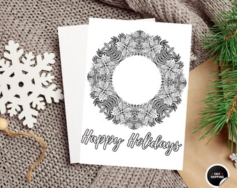 Tarjeta para colorear de Navidad, Tarjeta para colorear de días festivos, Tarjeta para colorear de corona navideña, Tarjeta para colorear de Feliz Navidad, Regalo de Navidad