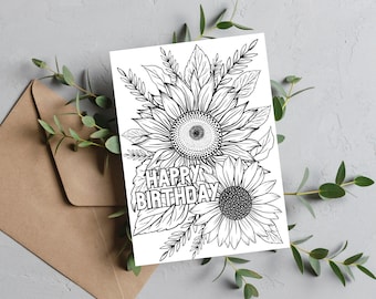 Tarjetas florales para colorear de feliz cumpleaños para familiares y amigos, compañeros de trabajo. Juego de 6: girasol, rosa, lillie, dalia, magnolia, flor de mandala.