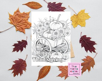 Tarjeta para colorear de Acción de Gracias, Tarjeta para colorear de vacaciones, Tarjeta para colorear de calabazas, Tarjeta para colorear de otoño, Tarjeta de felicitación de otoño, Regalo para ella, Regalo para él
