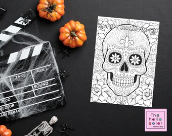 Tarjeta para colorear de Halloween, tarjeta para colorear de calavera de azúcar, tarjeta del día de los muertos, tarjeta para colorear de feliz Halloween, tarjeta divertida, regalo para ella, regalo para él