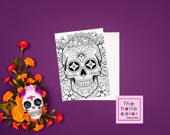 Tarjeta para colorear de Halloween, tarjeta para colorear de calavera de azúcar, tarjeta del día de los muertos, tarjeta para colorear de feliz Halloween, tarjeta divertida, regalo para ella, regalo para él