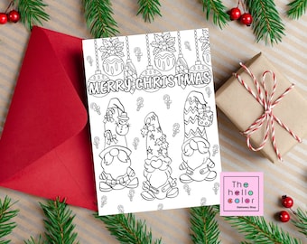 Tarjeta para colorear de Navidad, Tarjeta para colorear de vacaciones, Tarjeta para colorear de gnomos navideños, Tarjeta para colorear de Feliz Navidad, Regalo de Navidad