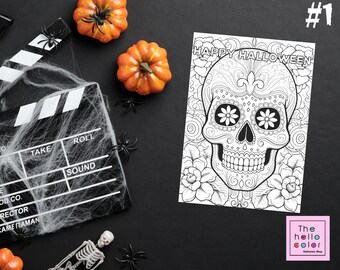 Tarjeta para colorear de Halloween, tarjeta para colorear de calavera de azúcar, tarjeta del día de los muertos, tarjeta para colorear de Halloween feliz, regalo para ella, regalo para él, conjunto de 5