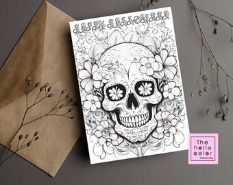 Tarjeta para colorear de Halloween, tarjeta para colorear de calavera de azúcar, tarjeta del día de los muertos, tarjeta para colorear de feliz Halloween, tarjeta divertida, regalo para ella, regalo para él