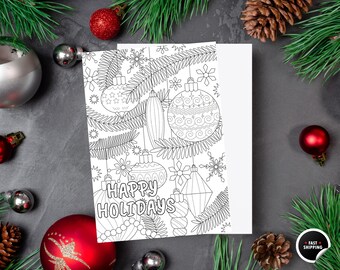 Tarjeta para colorear de Navidad, Tarjeta para colorear de días festivos, Tarjeta para colorear de adornos navideños, Tarjeta para colorear de Feliz Navidad, Regalo de Navidad