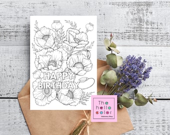 Tarjetas para colorear de feliz cumpleaños con motivos florales para familiares, amigos o compañeros de trabajo. Juego de 4 o juego de 8: amapola, lirio, magnolia, peonía, regalo de cumpleaños.