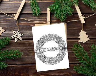 Tarjeta para colorear de Navidad, Tarjeta para colorear de días festivos, Tarjeta para colorear de corona navideña, Tarjeta para colorear de Feliz Navidad, Regalo de Navidad