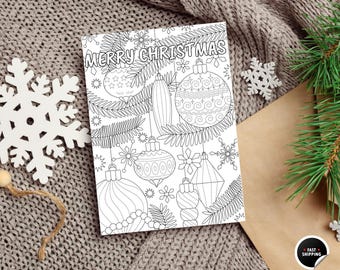 Tarjeta para colorear de Navidad, Tarjeta para colorear de días festivos, Tarjeta para colorear de adornos navideños, Tarjeta para colorear de Feliz Navidad, Regalo de Navidad