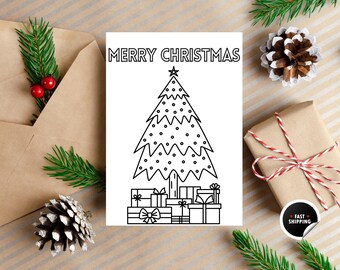 Tarjeta para colorear de Navidad, Tarjeta para colorear de días festivos, Tarjeta para colorear de árbol de Navidad, Tarjeta para colorear de Feliz Navidad, Regalo de Navidad, Colorear divertido