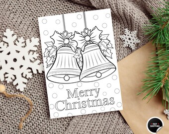 Tarjeta para colorear de Navidad, Tarjeta para colorear de días festivos, Tarjeta para colorear de campanas de Navidad, Tarjeta para colorear de Feliz Navidad, Regalo de Navidad, Colorear divertido