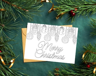 Tarjeta para colorear de Navidad, Tarjeta para colorear de días festivos, Tarjeta para colorear de adornos navideños, Tarjeta para colorear de Feliz Navidad, Regalo de Navidad