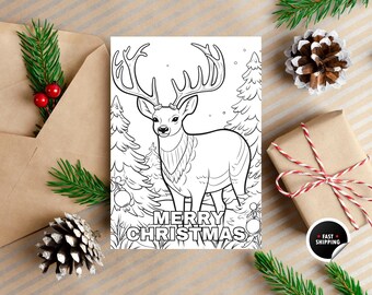 Tarjeta para colorear de Navidad, Tarjeta para colorear de vacaciones, Tarjeta para colorear de renos de Navidad, Tarjeta para colorear de Feliz Navidad, Regalo de Navidad