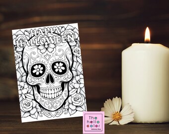 Tarjeta para colorear de Halloween, tarjeta para colorear de calavera de azúcar, tarjeta del día de los muertos, tarjeta para colorear de feliz Halloween, regalo para ella, regalo para él