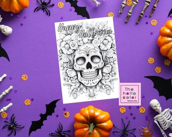 Tarjeta para colorear de Halloween, tarjeta para colorear de calavera de azúcar, tarjeta del día de los muertos, tarjeta para colorear de feliz Halloween, regalo para ella, regalo para él