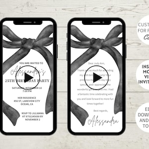 Black Bow Birthday Video Invitation: Editable Coquette Invite (Digital)