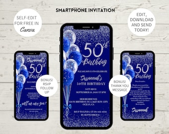 Invitación de 50 cumpleaños azul rey para mujer, invitación para fiesta de 50 cumpleaños, invitación para ella, ¡Saludos por los 50 años!, editable.