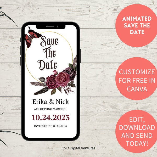 Red Gothic Save The Date Template, Gothic Wedding Save The Date Video, Save the date text, Editable template, Instant Download
