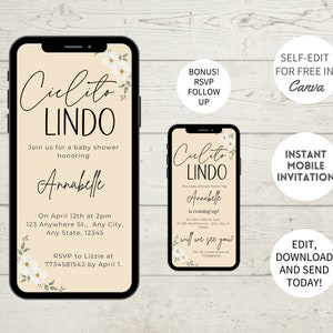 Könnte beinhalten: Eine digitale Einladung zu einer Babyparty mit floralem Design. Die Einladung lautet "Culito Lindo" und "Feiern Sie mit uns eine Babyparty zu Ehren von Annabelle". Die Einladung enthält auch das Datum, die Uhrzeit und den Ort der Party sowie die RSVP-Informationen.