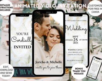 Animated Wedding Invitation: White Roses, Editable Video (Canva Template)