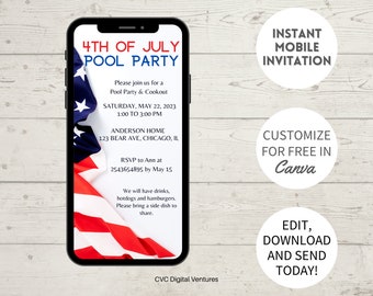 4th of July Pool Party Invitation, Patriotic Mobile Invite (Digital Download)