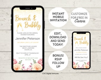 Brunch & Bubbly Bridal Shower Text Invite: Editable Canva Template (Digital)