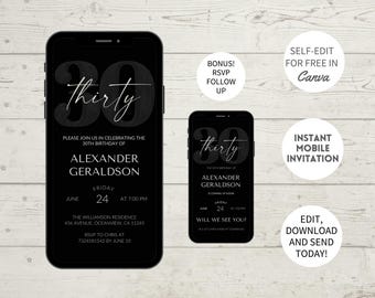 Men's 30th Birthday Invitation: Black and Silver Evite (Digital Download)