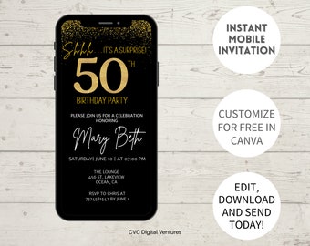 Black Gold Glitter 50th Birthday Invitation: Editable Digital Invite