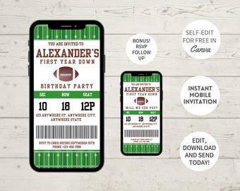 Football Ticket Birthday Invitation: First Year Down, Editable Phone Invite (MP4)