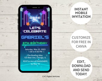 May include: A mobile phone screen displaying a birthday party invitation for Gabriel's 8th birthday. The invitation has a neon blue and pink game theme with the text "Game On" and "Let's Celebrate". The invitation includes the date, time, location, and RSVP information.