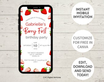 Berry First Birthday Invitation, berry first birthday invitation digital, Editable Strawberry Birthday Invitation, Instant Download