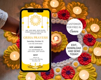 Faire-part Griha Pravesh modifiable : faire-part mobile indien pour pendaison de crémaillère (numérique)