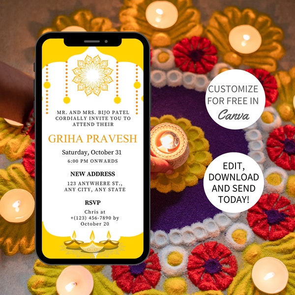 Editable Griha Pravesh Invite, Indian Housewarming Invitation, Indian Invitation, Indian Home Invite, Mobile Invitation