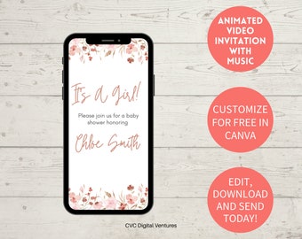It's a Girl Baby Shower Animated Invitation: Floral Template (Digital Download)