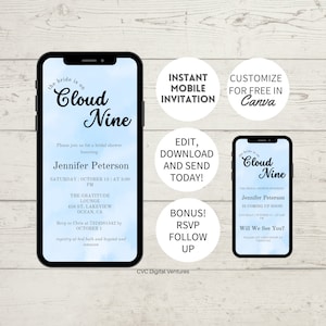 The Bride Is On Cloud Nine Bridal Shower Invitation, Cloud 9 Bridal Shower, Cloud 9 Invitation, Text Message Invite, Editable