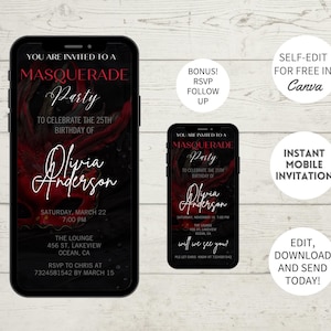 Editable Masquerade Ball Invitation: Red and Black Mask Party (Canva Template)