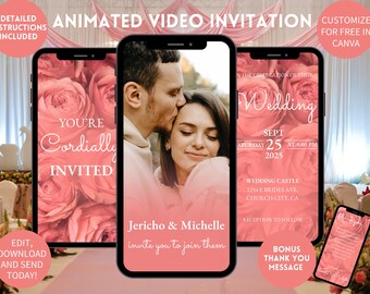 Animated Wedding Invitation: Roses, Editable Video Template (Canva)