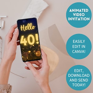 40th Birthday Digital Video Invitation, Animated Birthday Invite, Digital Gold Glitter, 50th Mobile Invitation, Editable Birthday Video